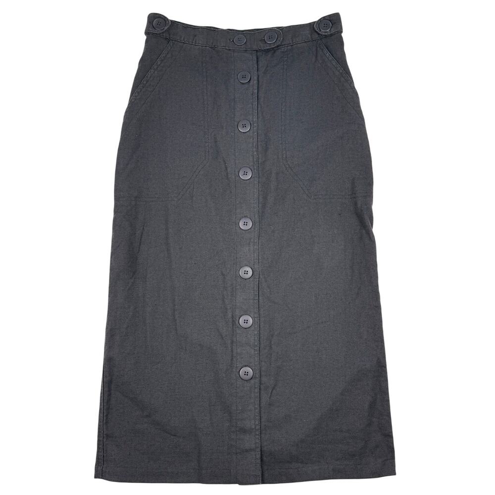 Vintage Newport News Linen Cotton Blend Utility Midi Pencil Skirt Black Size 10